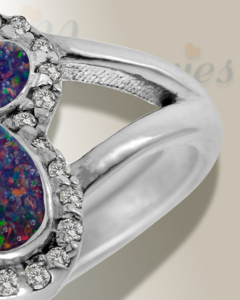 Women's Sterling Silver Paw Print Ash Ring with Black Flame Opal