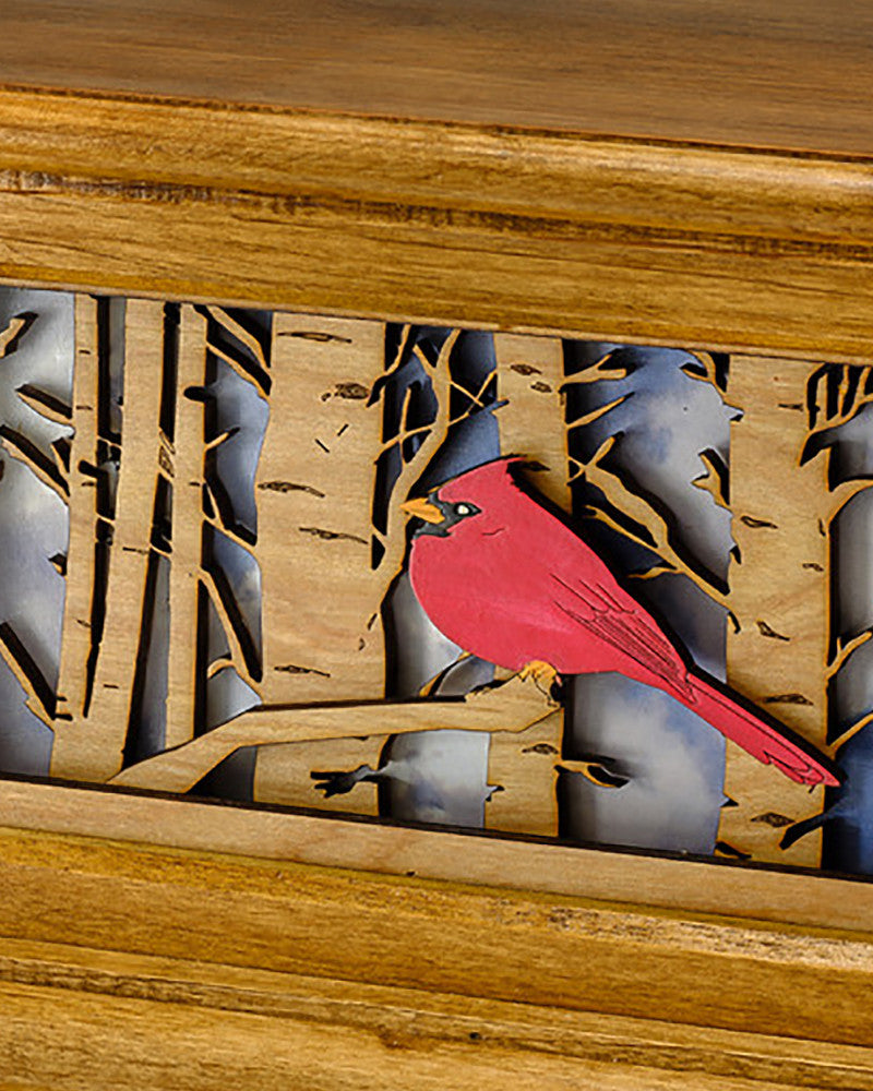Cardinal in the Trees Wood Cremation Urn