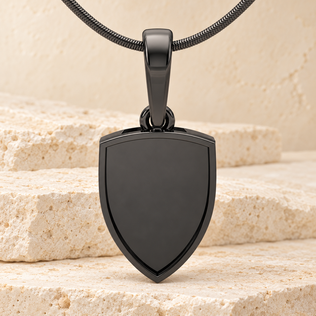 Black Shield Me Forever Sealed necklace on cream stone.