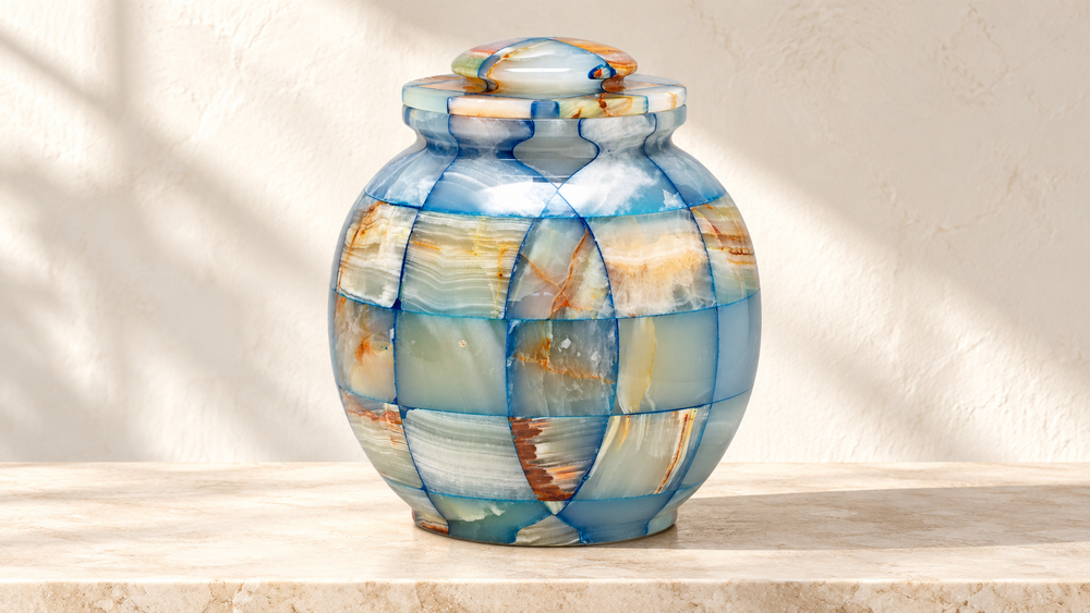 Summer Sky stone cremation urn in a cream setting