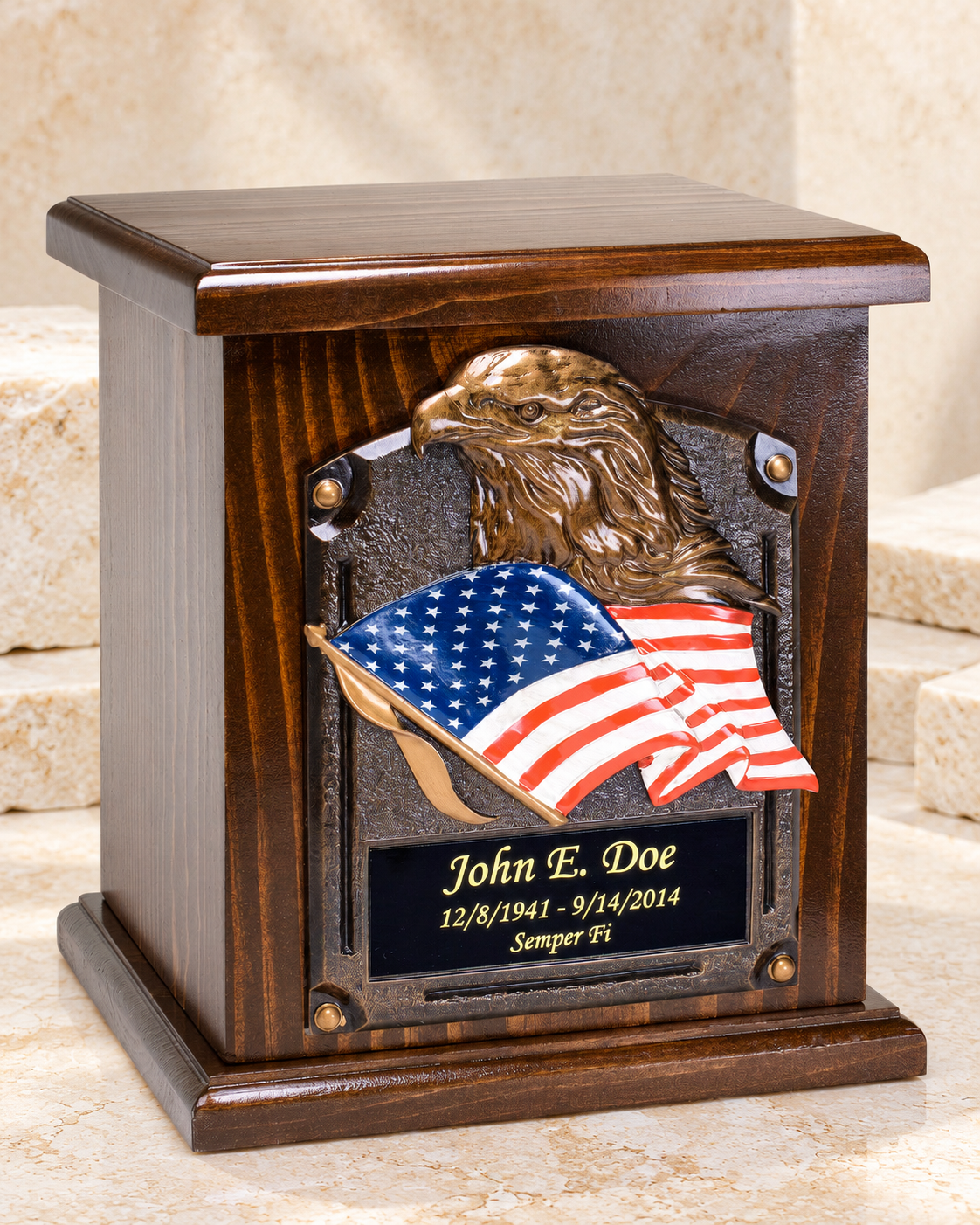 american flag and eagle cremation urn on cream stacked stone, portrait product photograph