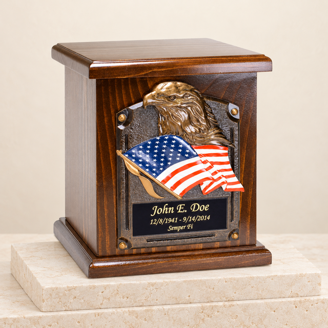 american flag and eagle cremation urn on a cream limestone background
