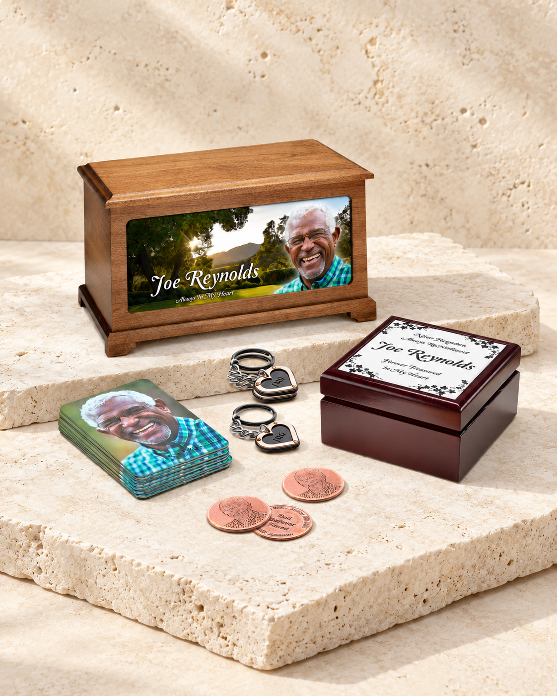 classic photo urn memorial package on cream stacked stone, portrait product photograph