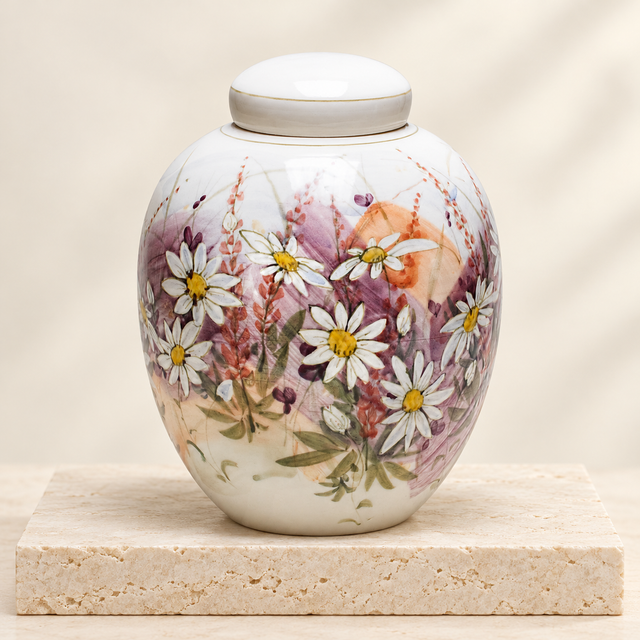 daisies ceramic cremation urn on a cream limestone background