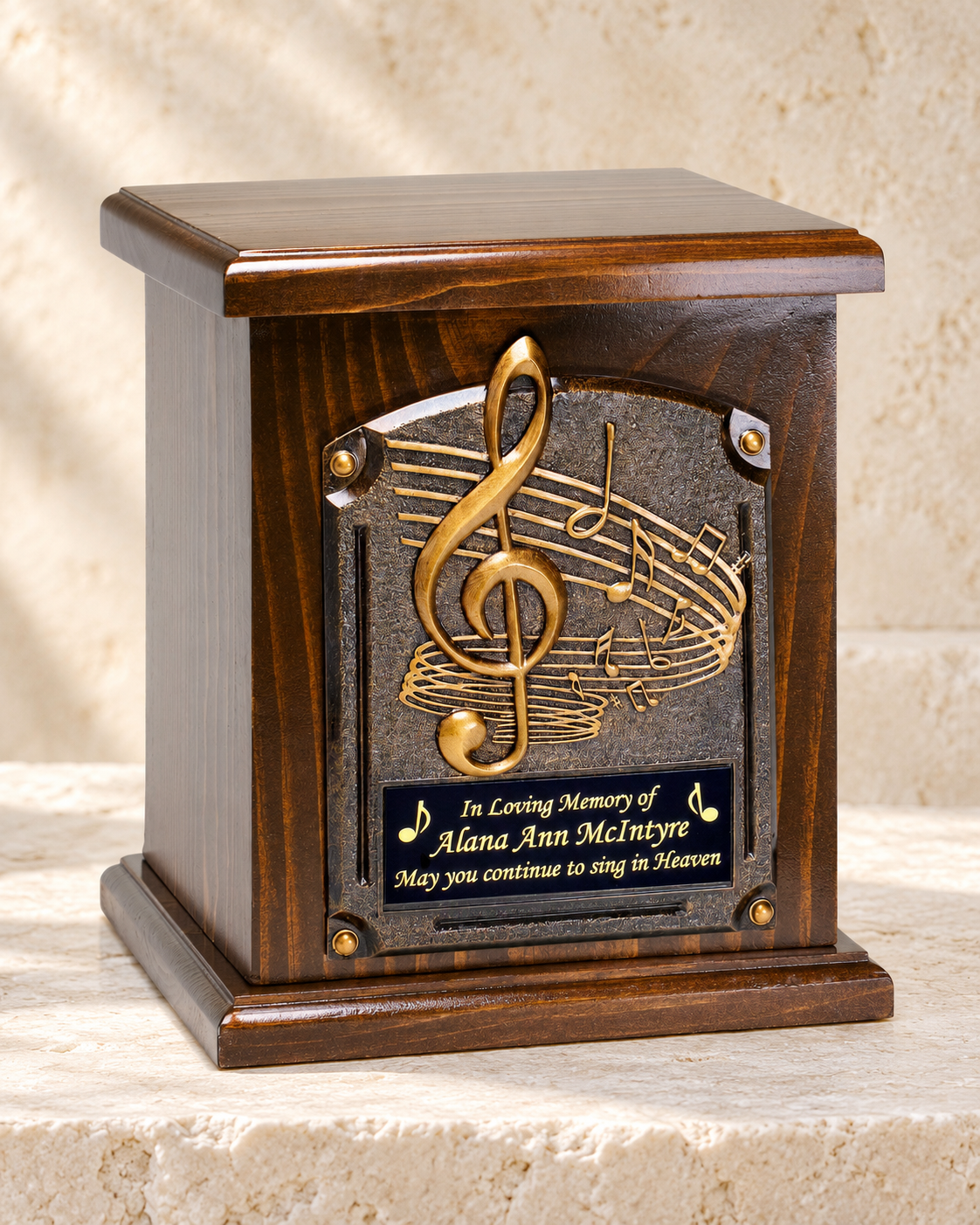 music lovers cremation urn on cream stacked stone, portrait product photograph