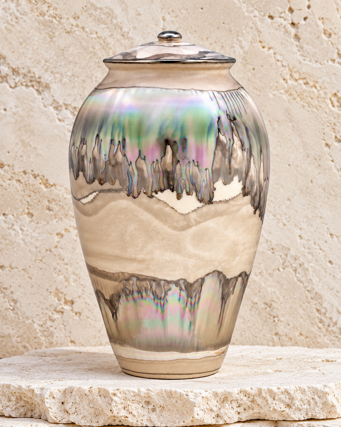 sandstorm cremation urn on cream stacked stone, portrait product photograph