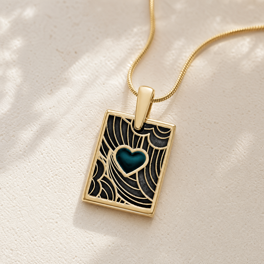Solid 14K Gold Navy Heart Rectangular Ash Resin Jewelry