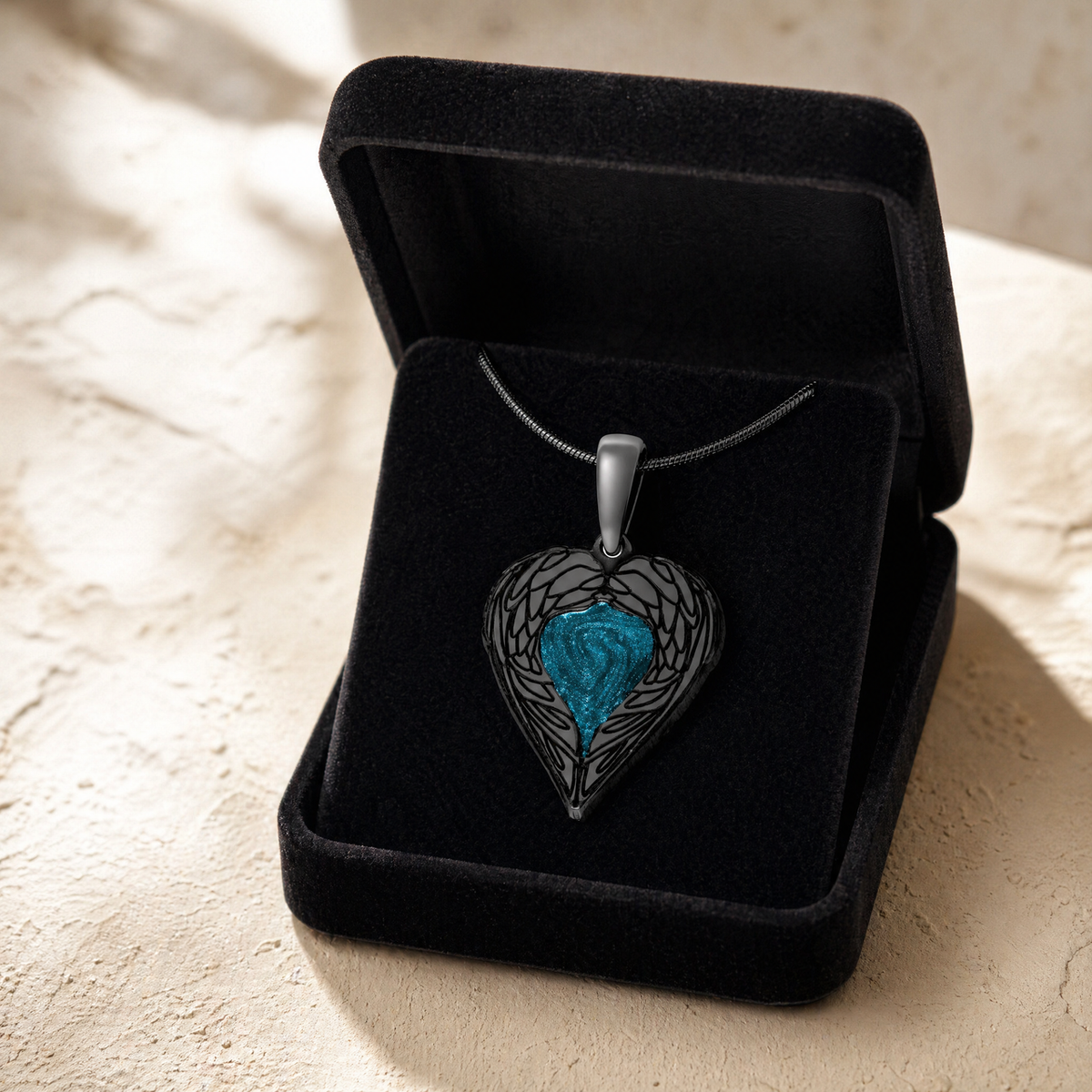 Paradise Black Finish Heart with Aqua Ash Resin Jewelry