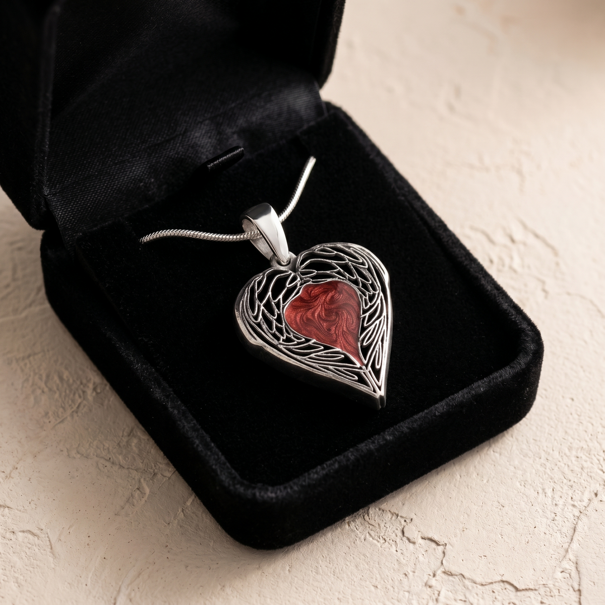 Solid 14K White Gold Paradise Heart with Crimson Ash Resin Jewelry