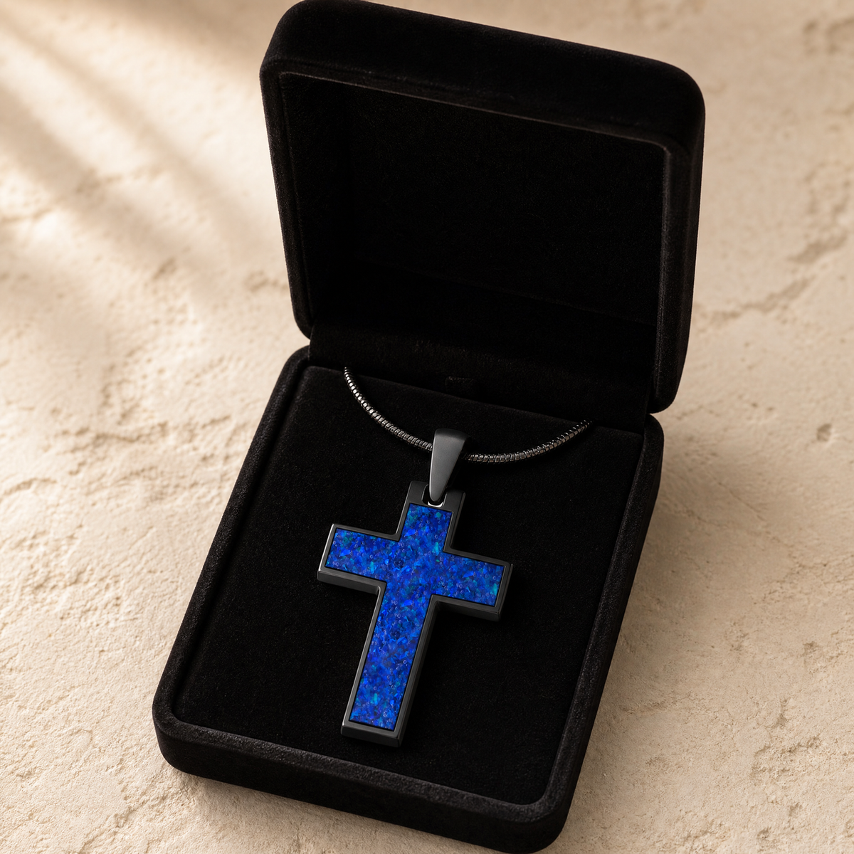 Cultured Cross Black Finish with Opal Blue Waters Ash Resin Jewelry