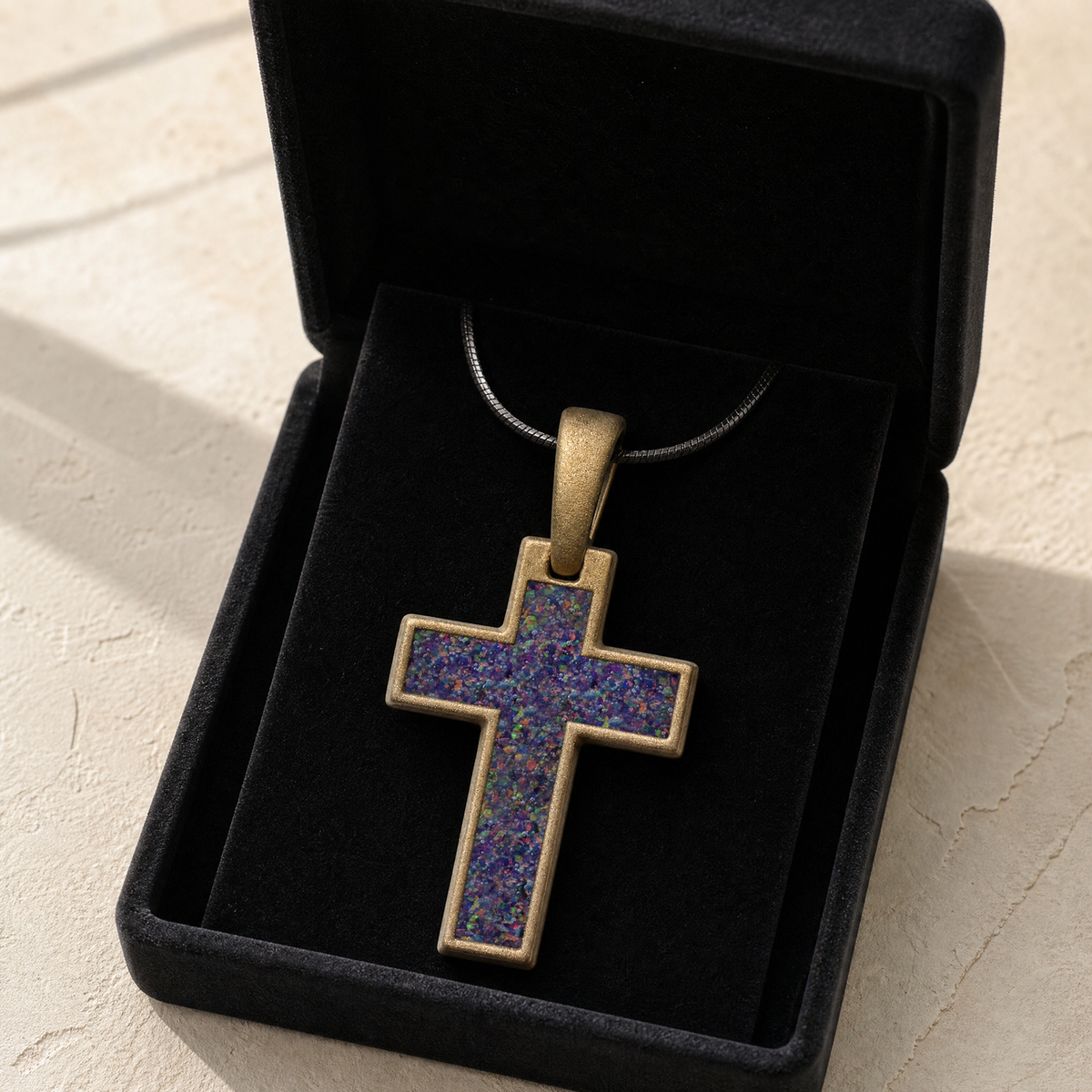 Cultured Cross Bronze Finish with Black Flame Opal Ash Resin Jewelry