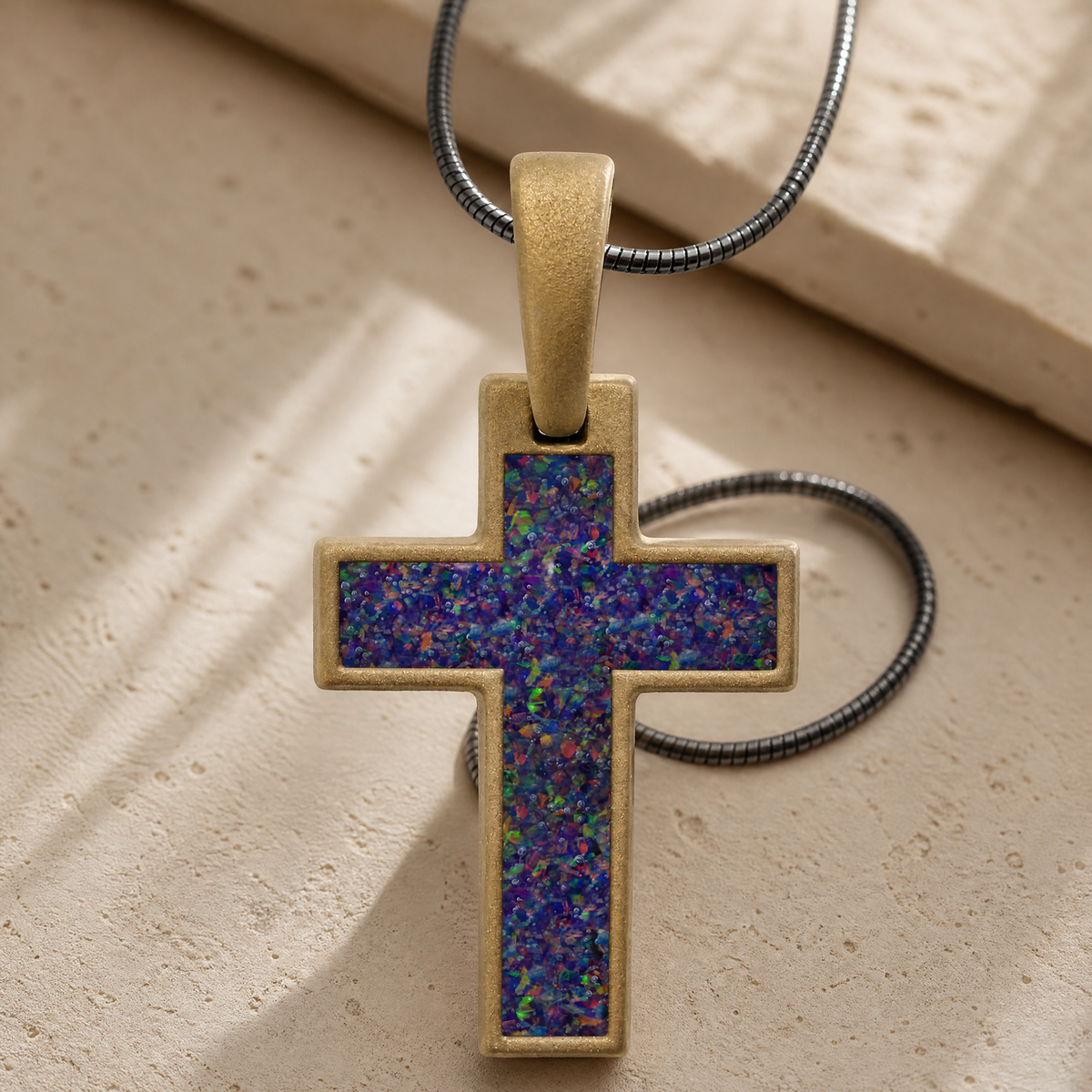 Cultured Cross Bronze Finish with Black Flame Opal Ash Resin Jewelry