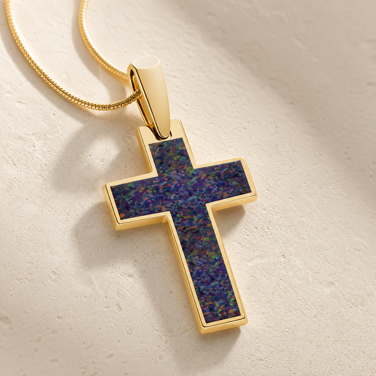 Cultured Cross Gold Plated with Black Flame Opal Ash Resin Jewelry