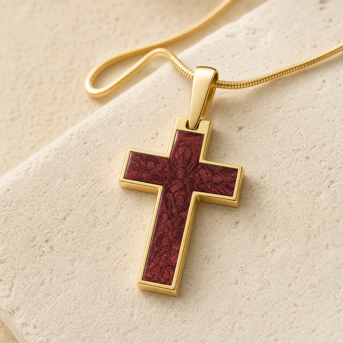 Solid 14K Gold Cultured Cross with Crimson Ash Resin Jewelry
