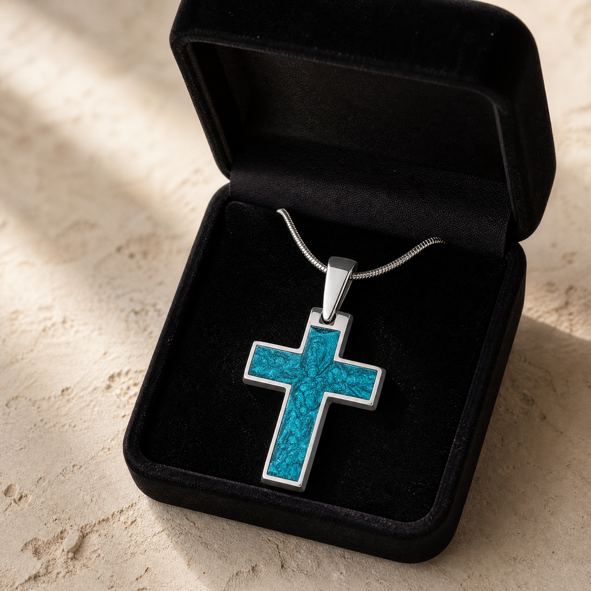 Cultured Cross Sterling Silver with Aqua Ash Resin Jewelry