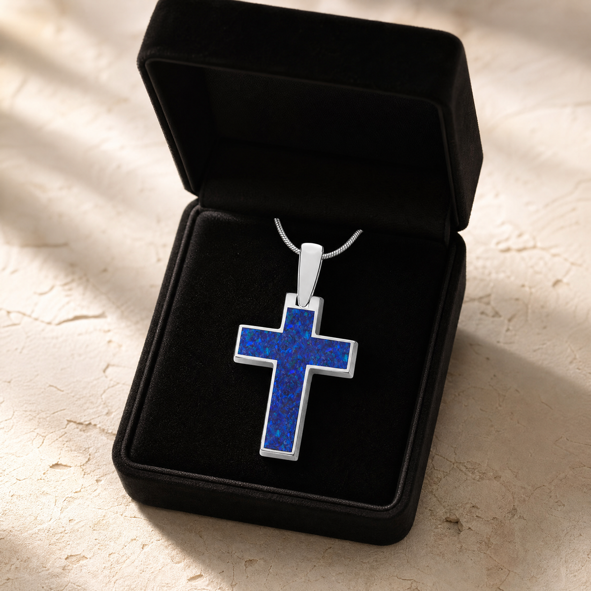 Cultured Cross Sterling Silver with Opal Blue Waters Ash Resin Jewelry
