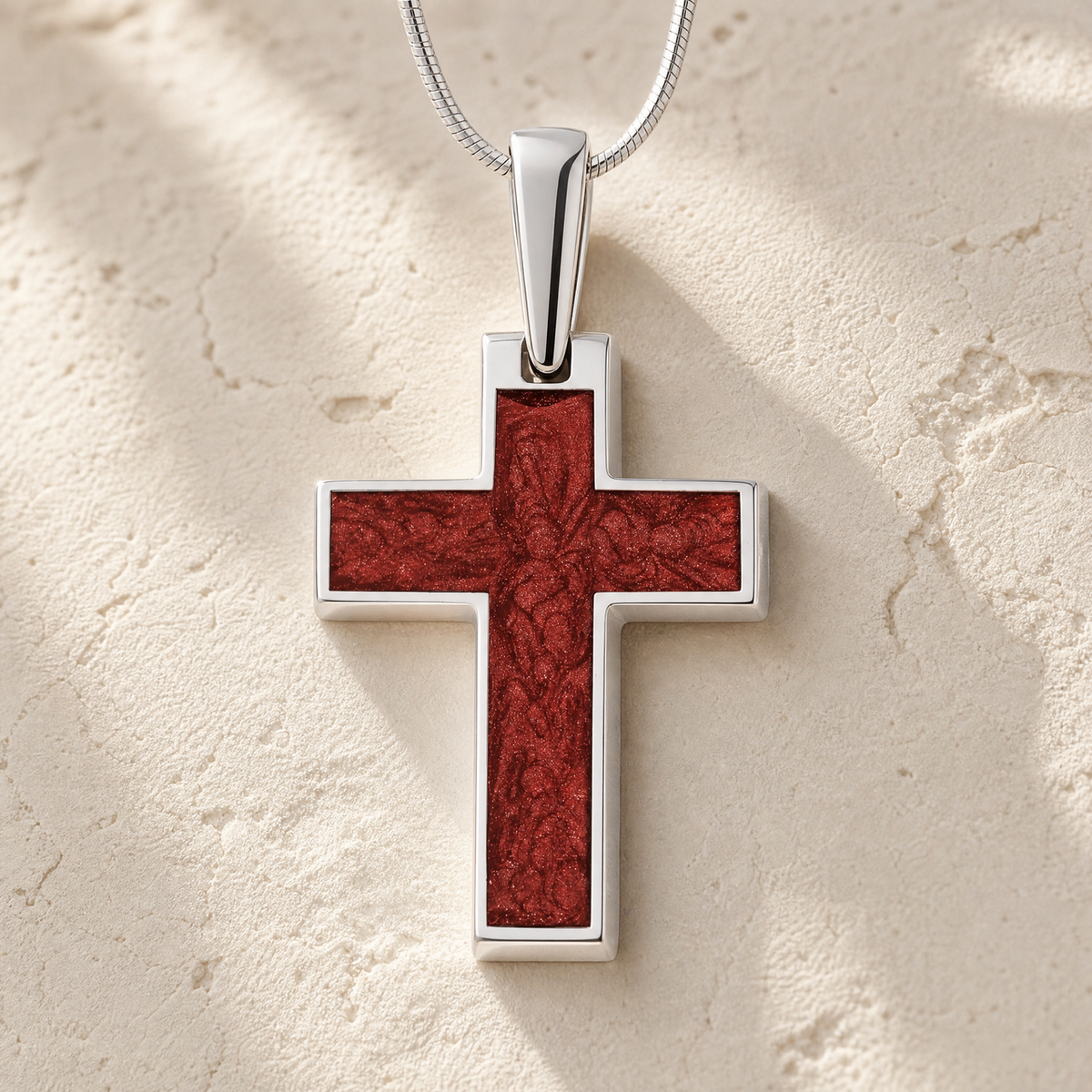 Solid 14K White Gold Cultured Cross with Crimson Ash Resin Jewelry