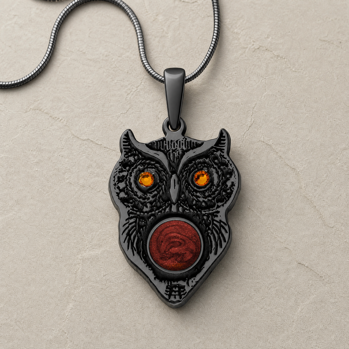Black Finish Wise Owl Birthstone with Crimson Ash Resin Jewelry
