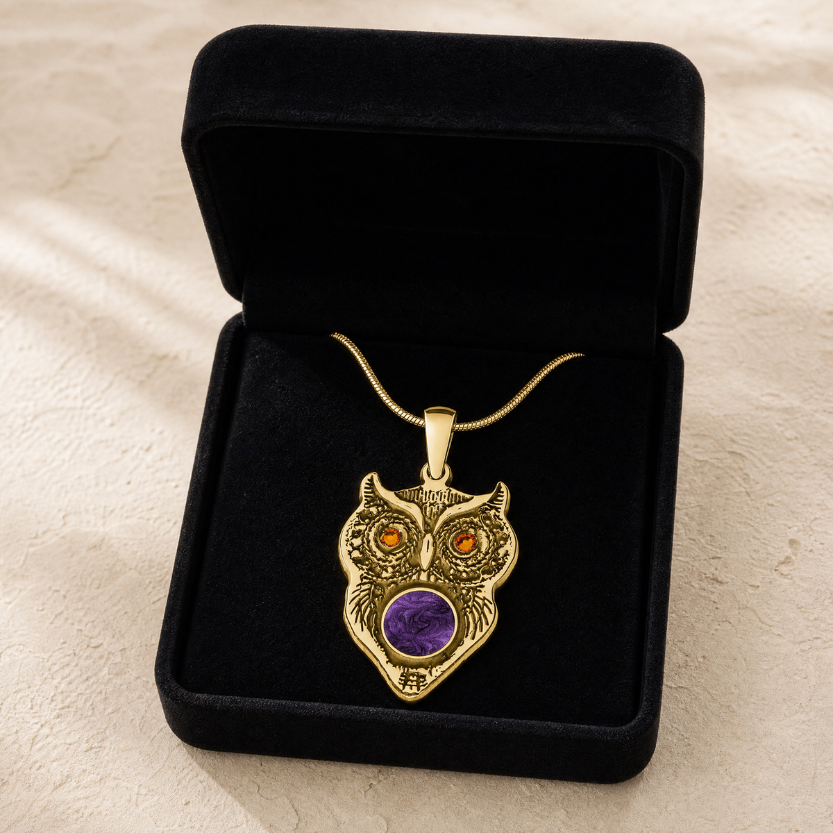 Gold Plated Wise Owl Birthstone with Mullberry Ash Resin Jewelry