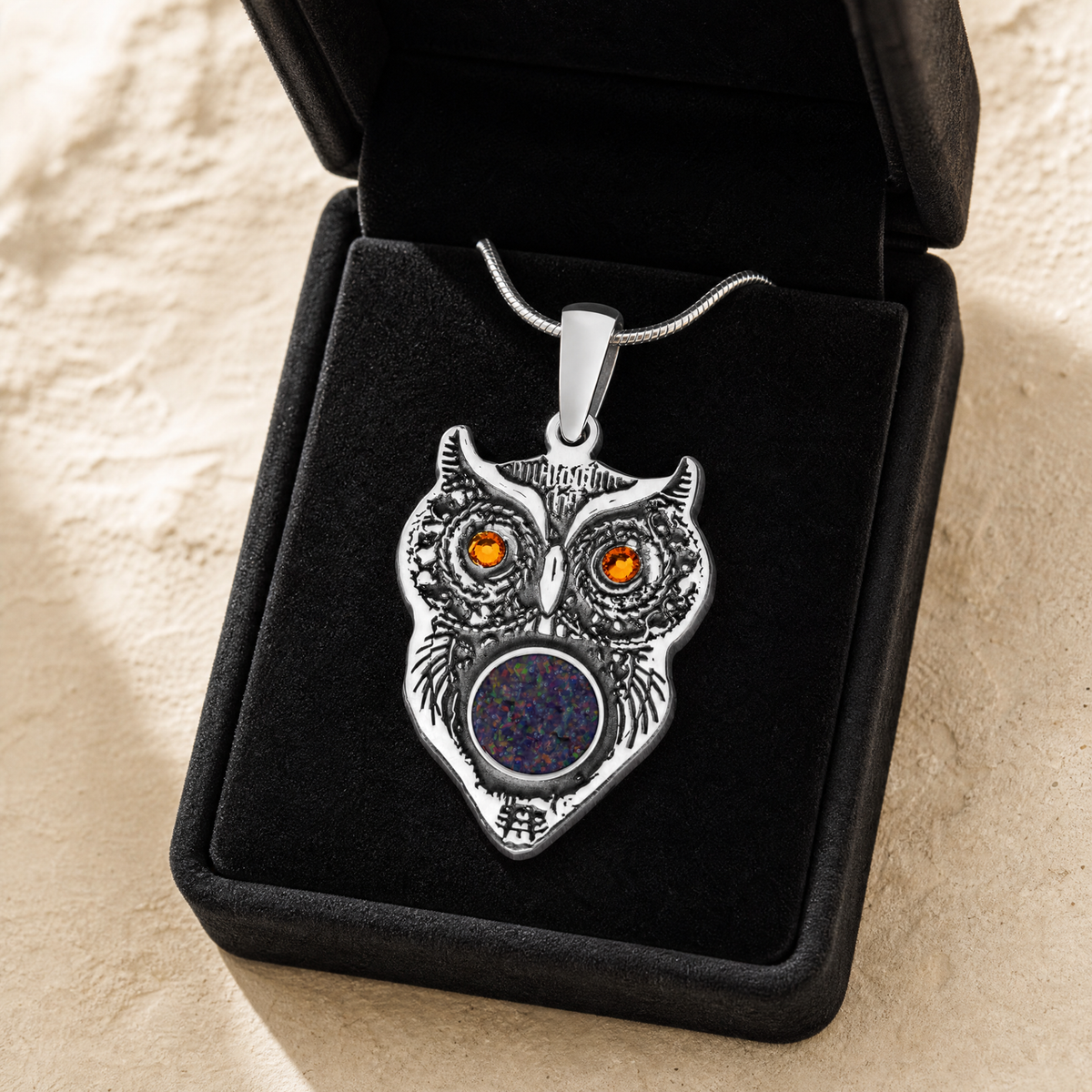 Sterling Silver Wise Owl Birthstone with Black Flame Opal Ash Resin Jewelry