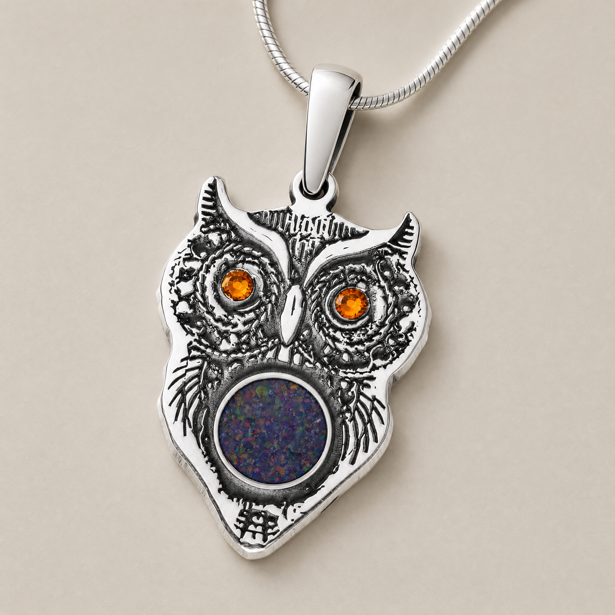 Sterling Silver Wise Owl Birthstone with Black Flame Opal Ash Resin Jewelry
