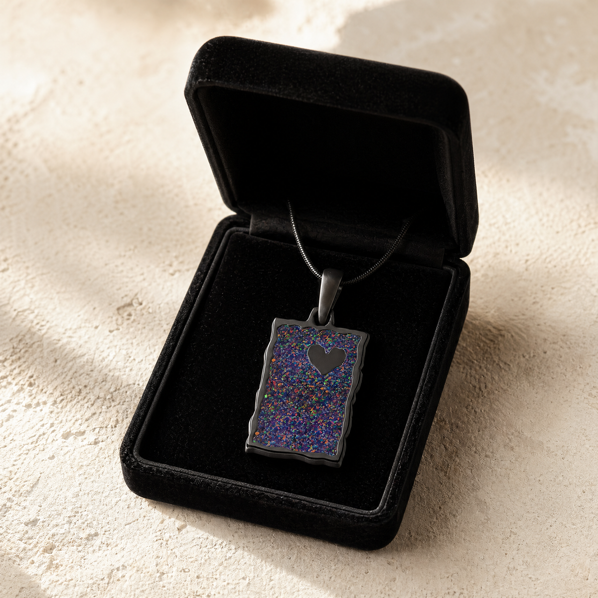 Adored Rectangle Black Finish with Black Flame Opal Ash Resin Jewelry