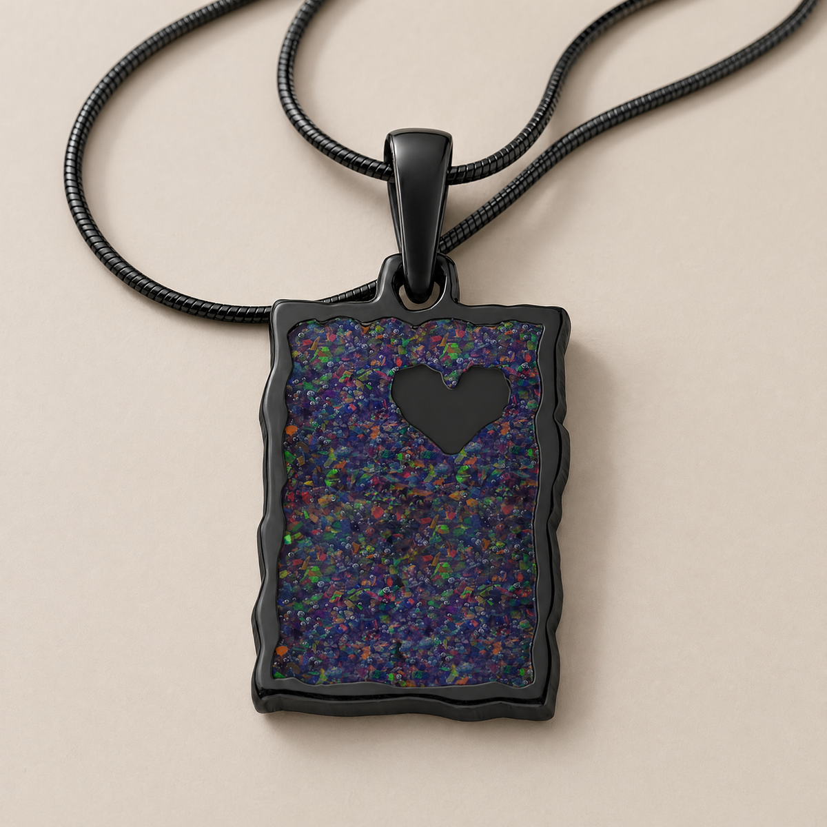 Adored Rectangle Black Finish with Black Flame Opal Ash Resin Jewelry