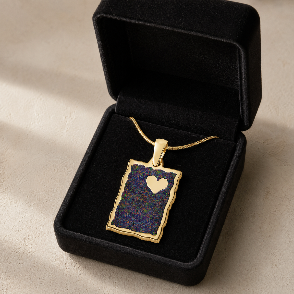 Solid 14K Gold Adored Rectangle with Black Flame Opal Ash Resin Jewelry