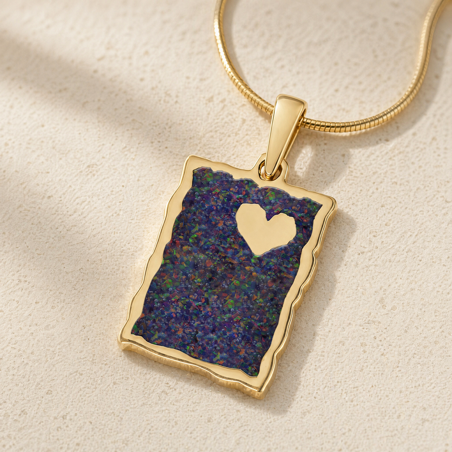 Solid 14K Gold Adored Rectangle with Black Flame Opal Ash Resin Jewelry