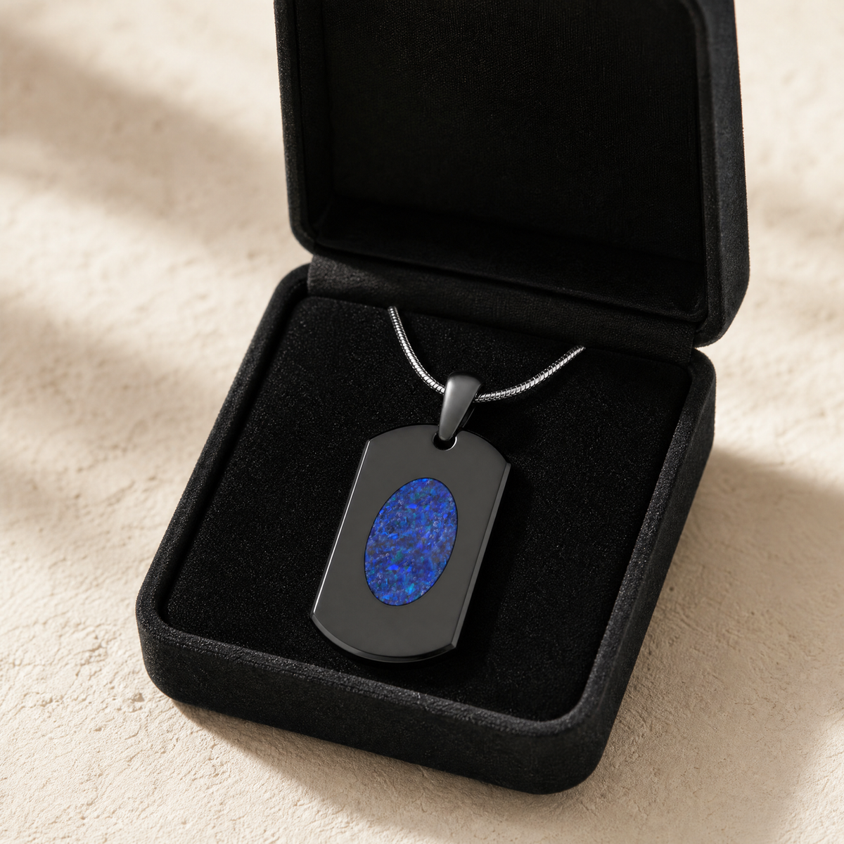 Honored Rectangle Black Finish with Opal Blue Waters Ash Resin Jewelry