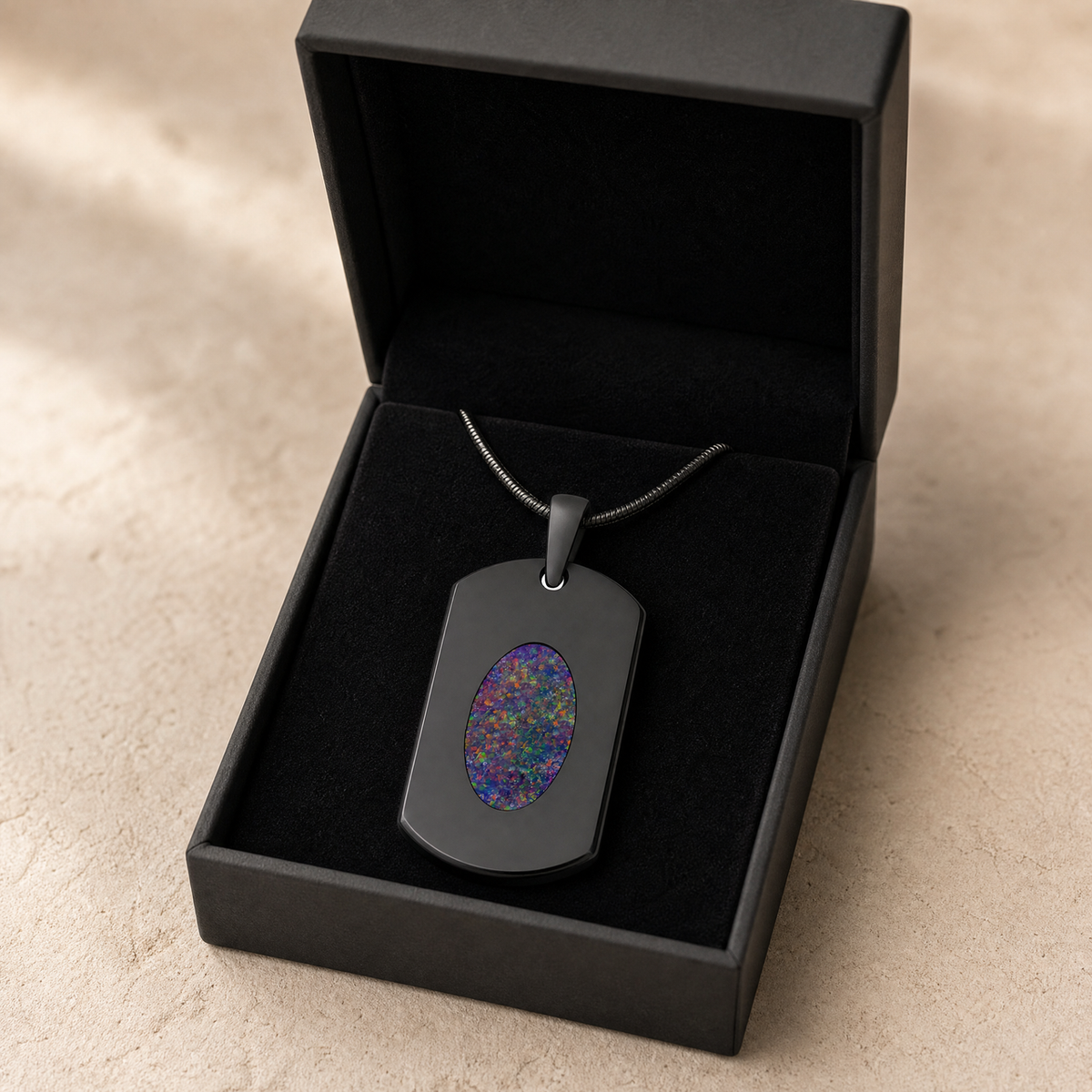 Honored Rectangle Black Finish with Black Flame Opal Ash Resin Jewelry