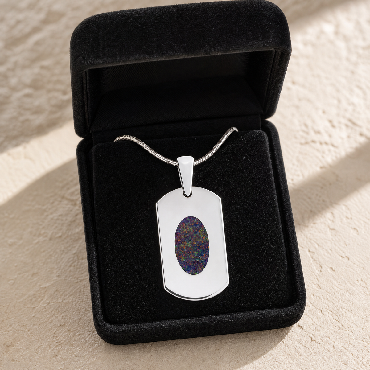 Solid 14K White Gold Honored Rectangle with Black Flame Opal Ash Resin Jewelry