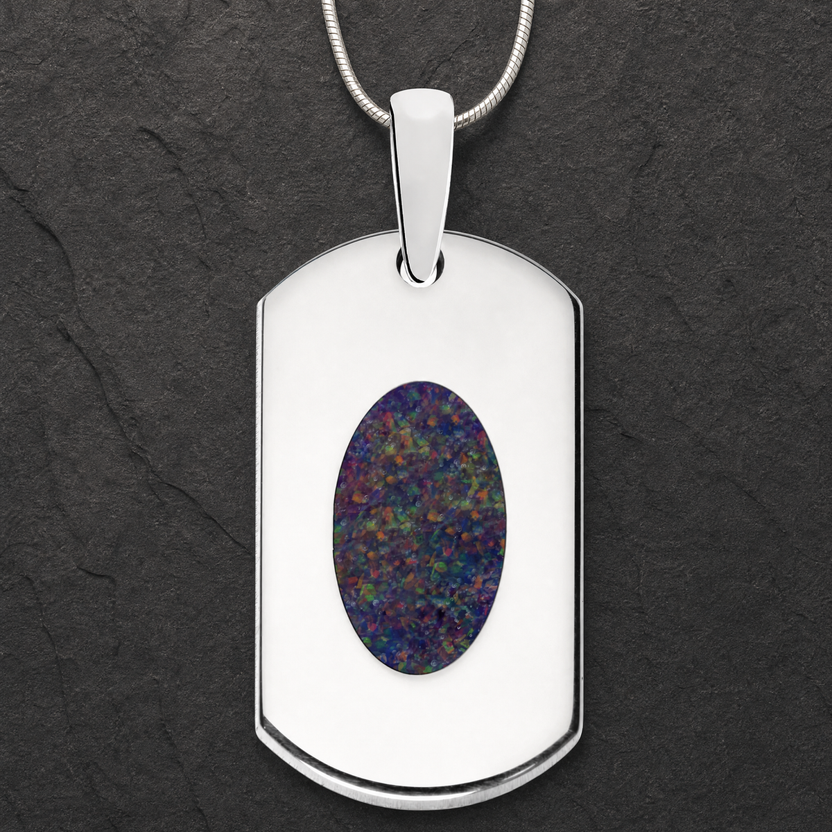 Solid 14K White Gold Honored Rectangle with Black Flame Opal Ash Resin Jewelry