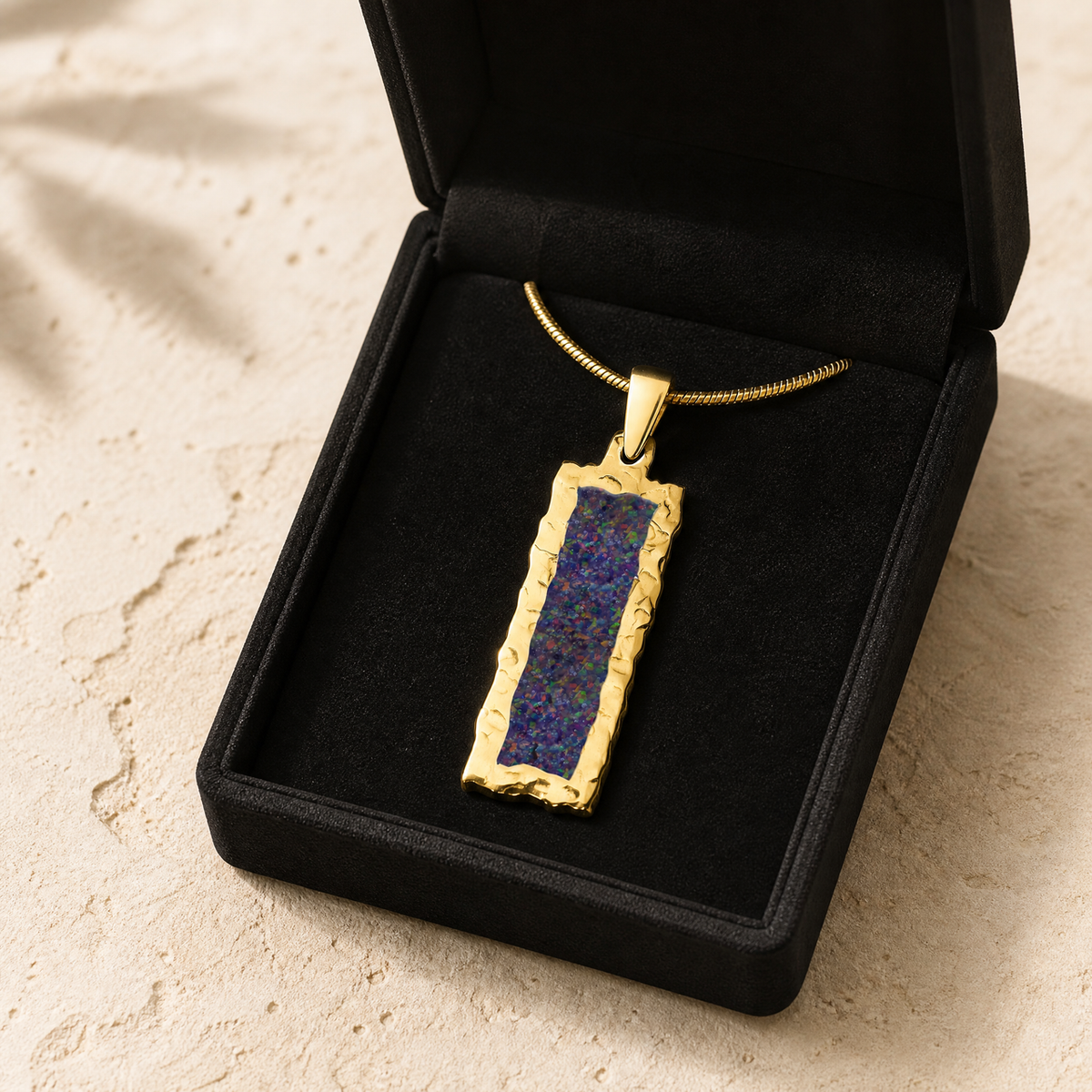 Solid 14K Gold Lasting Long Rectangle with Black Flame Opal Ash Resin Jewelry