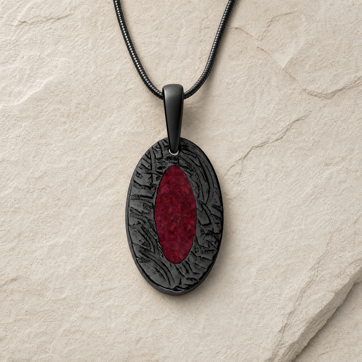Heartfelt Oval Black Finish with Scarlet Pearl Opal Ash Resin Jewelry