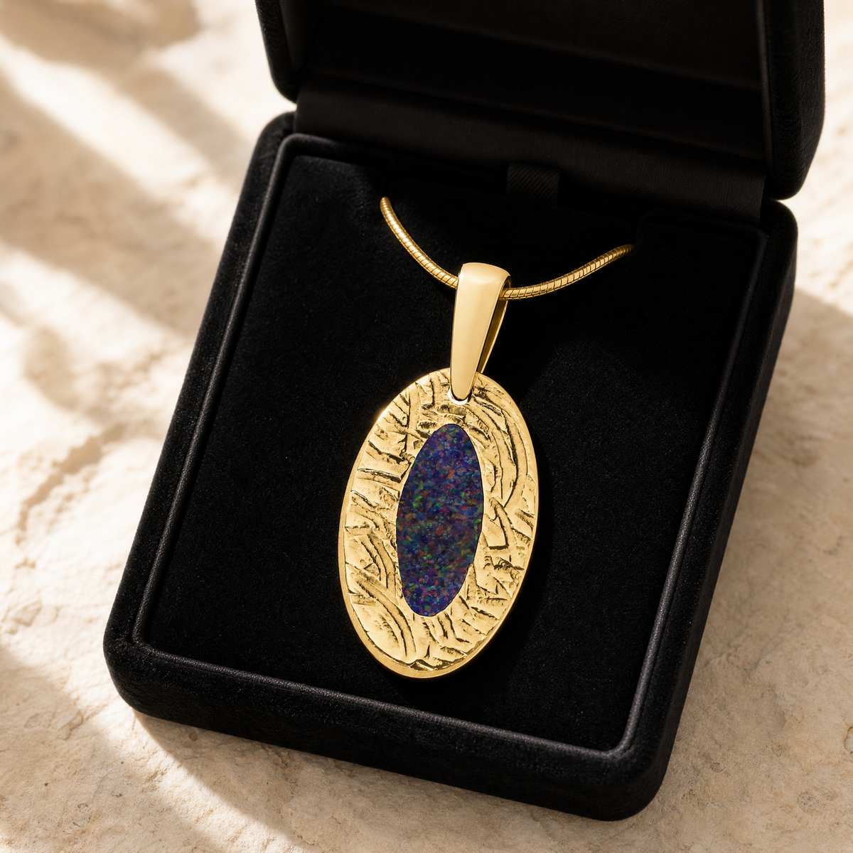Solid 14K Gold Heartfelt Oval with Black Flame Opal Ash Resin Jewelry