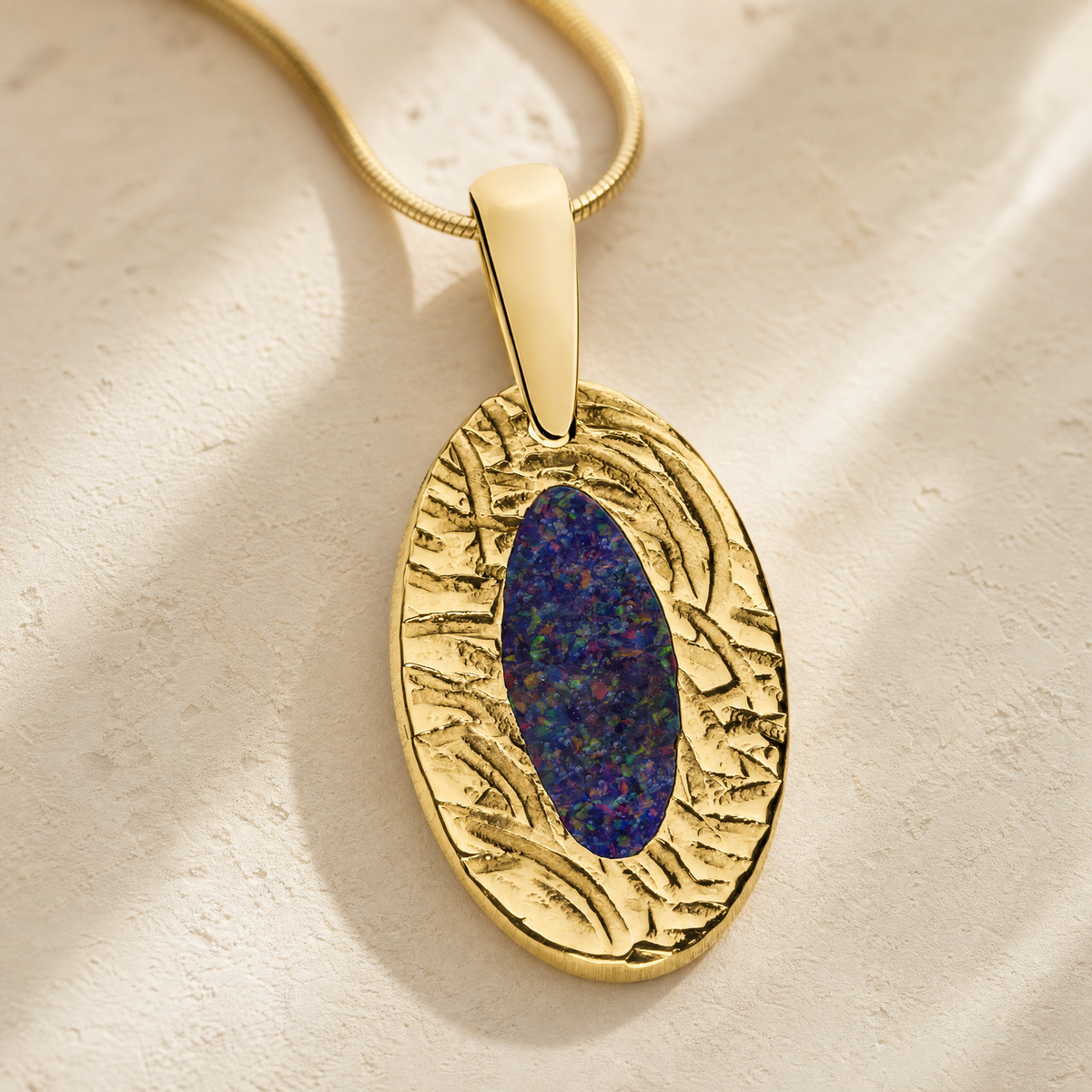 Solid 14K Gold Heartfelt Oval with Black Flame Opal Ash Resin Jewelry