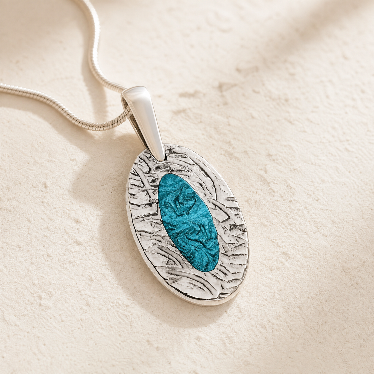 Solid 14K White Gold Heartfelt Oval with Aqua Ash Resin Jewelry