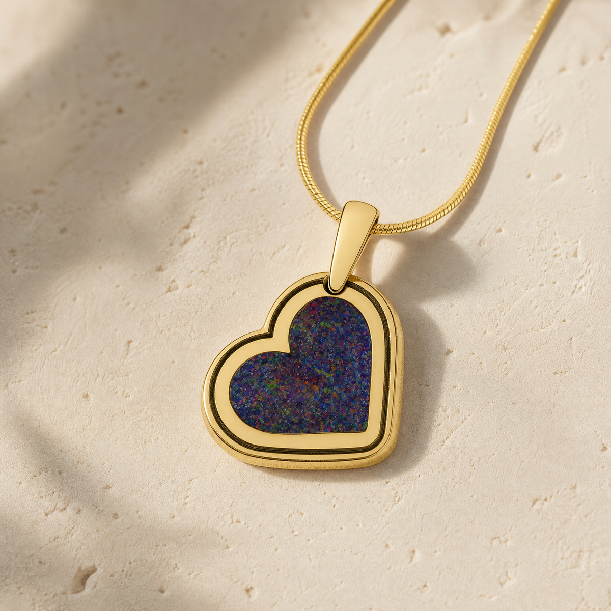 Solid 14K Gold Attentive Heart with Black Flame Opal Ash Resin Jewelry