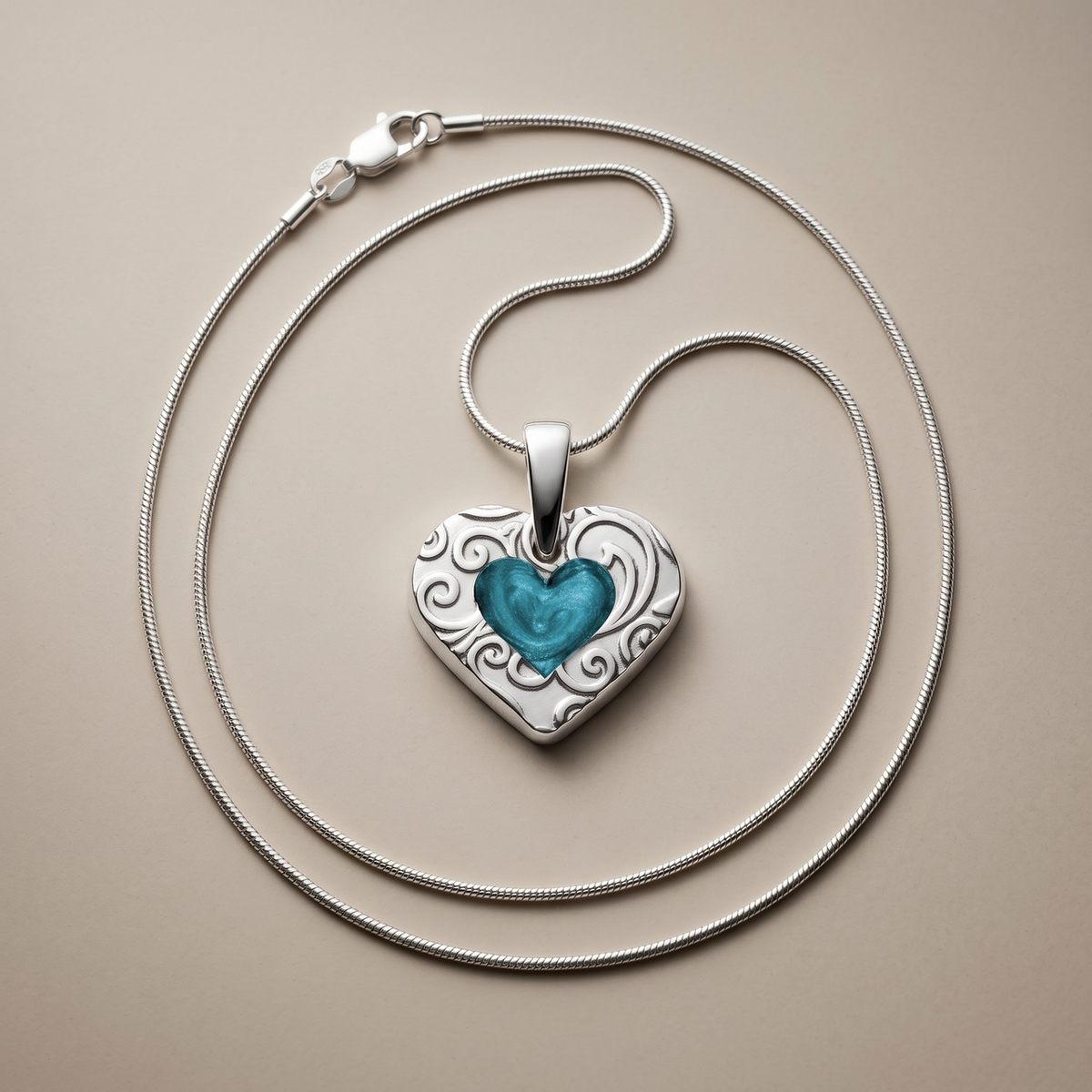 Solid 14K White Gold Pleasant Heart with Aqua Ash Resin Jewelry