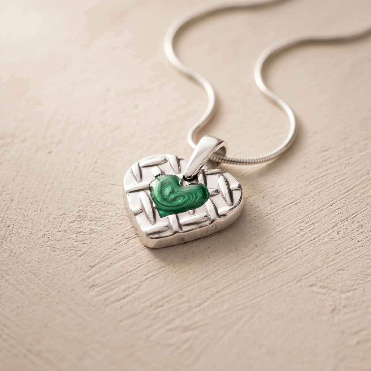 Solid 14K White Gold Woven Heart with Seafoam Ash Resin Jewelry