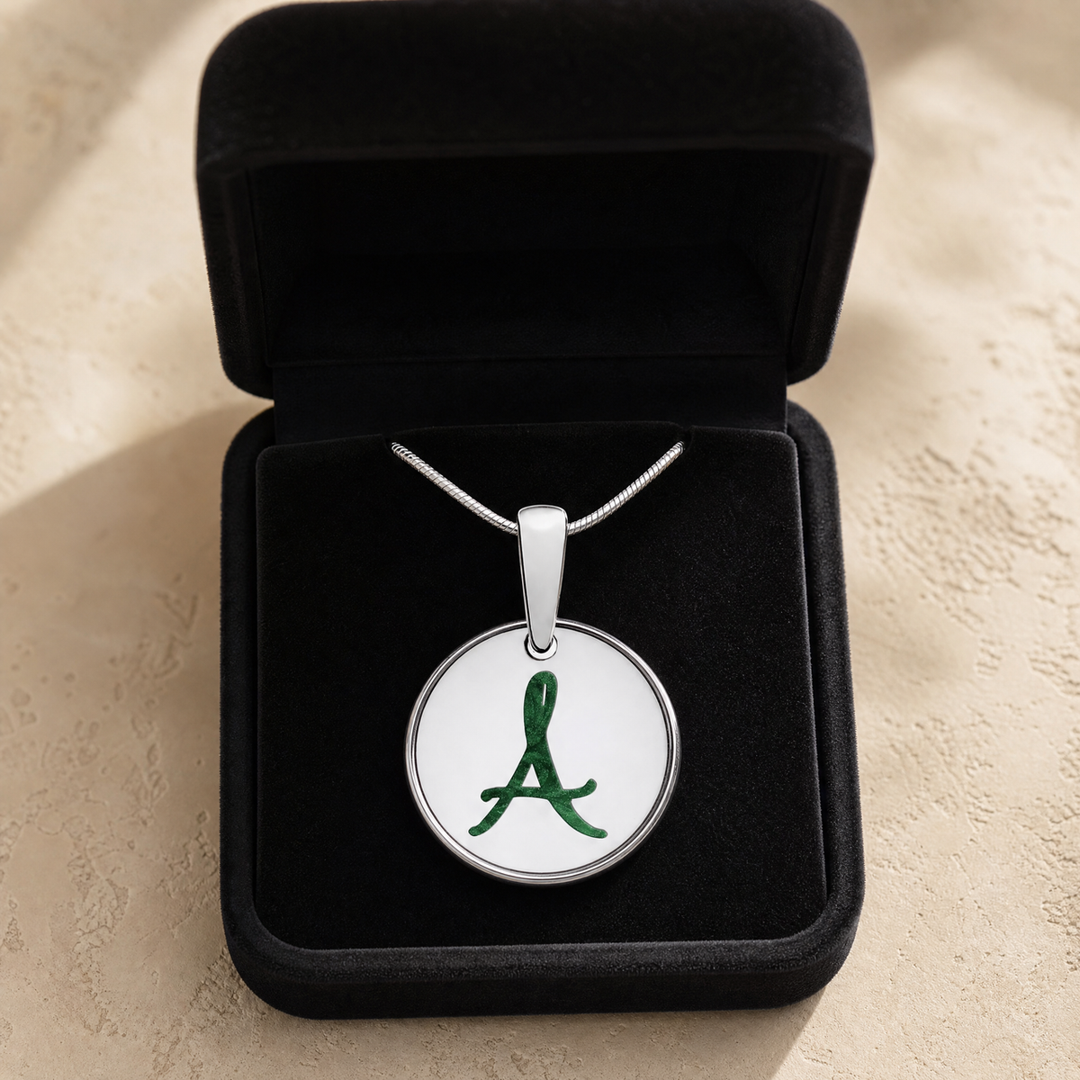 Solid 14K White Gold Initial Round with Seafoam Ash Resin Jewelry