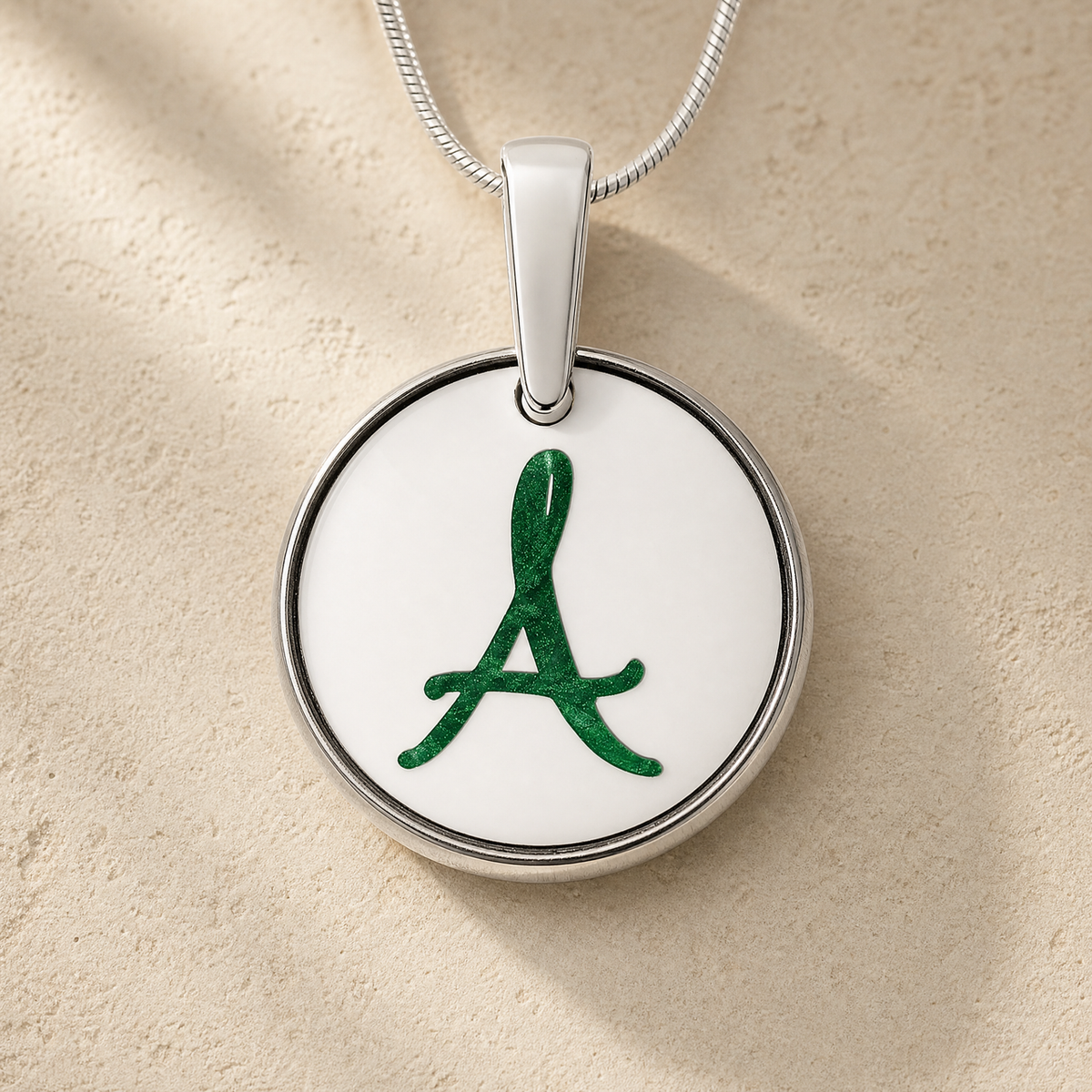 Solid 14K White Gold Initial Round with Seafoam Ash Resin Jewelry