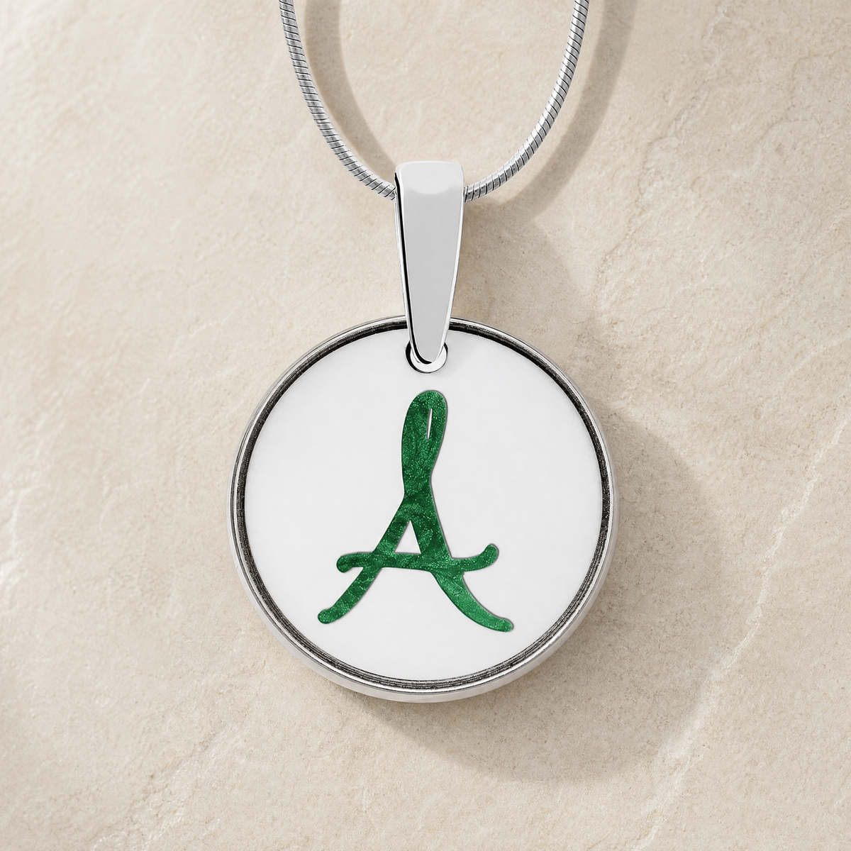 Solid 14K White Gold Initial Round with Seafoam Ash Resin Jewelry