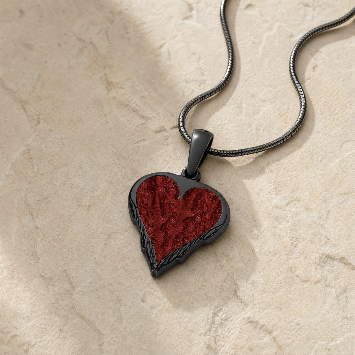 Feathered Heart Black Finish with Crimson Ash Resin Jewelry