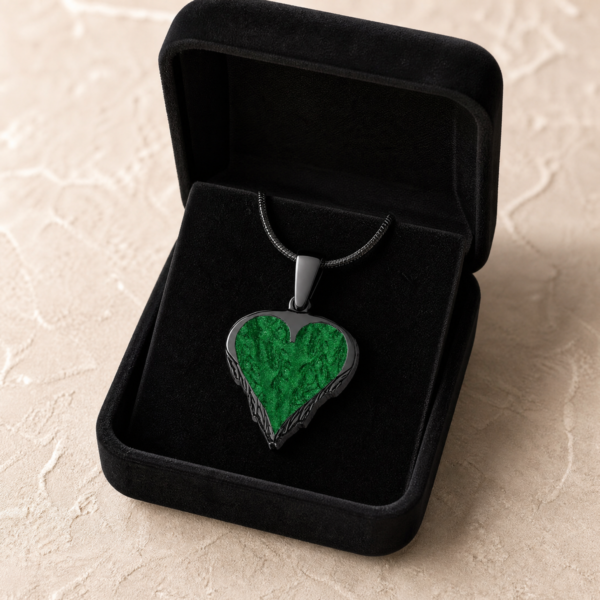 Feathered Heart Black Finish with Seafoam Ash Resin Jewelry