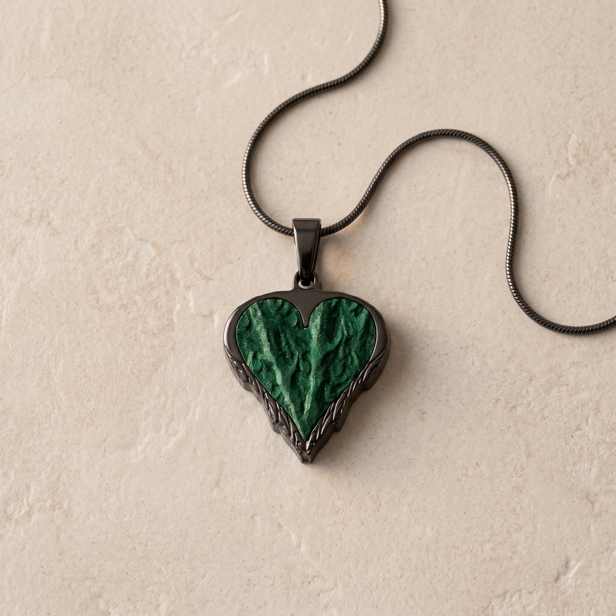 Feathered Heart Black Finish with Seafoam Ash Resin Jewelry