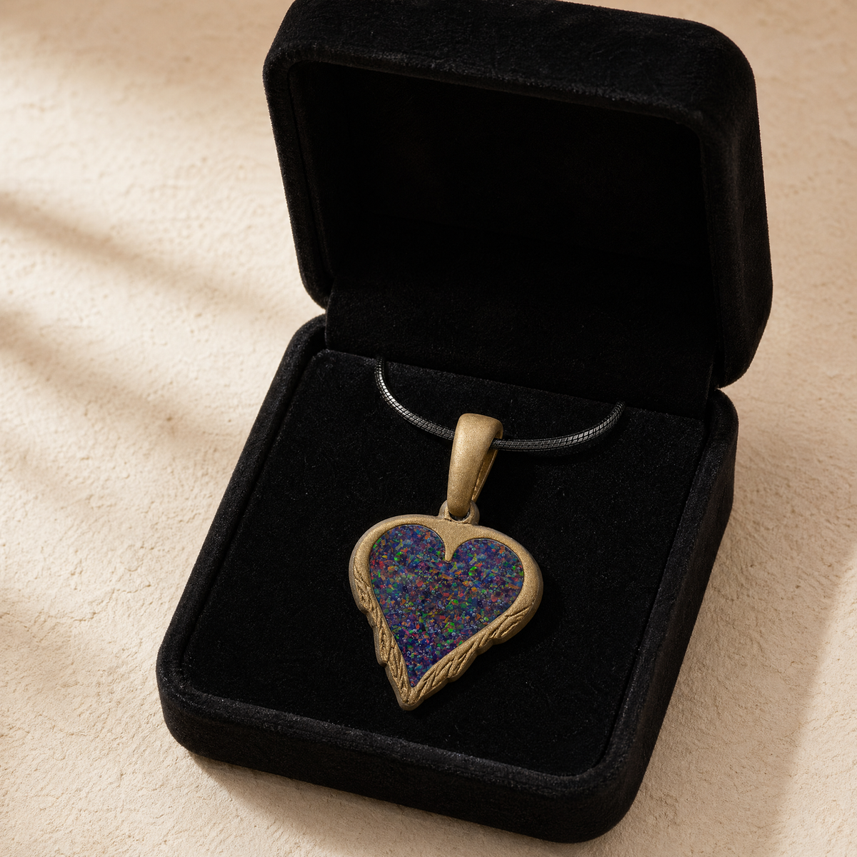Feathered Heart Bronze Finish with Black Flame Opal Ash Resin Jewelry