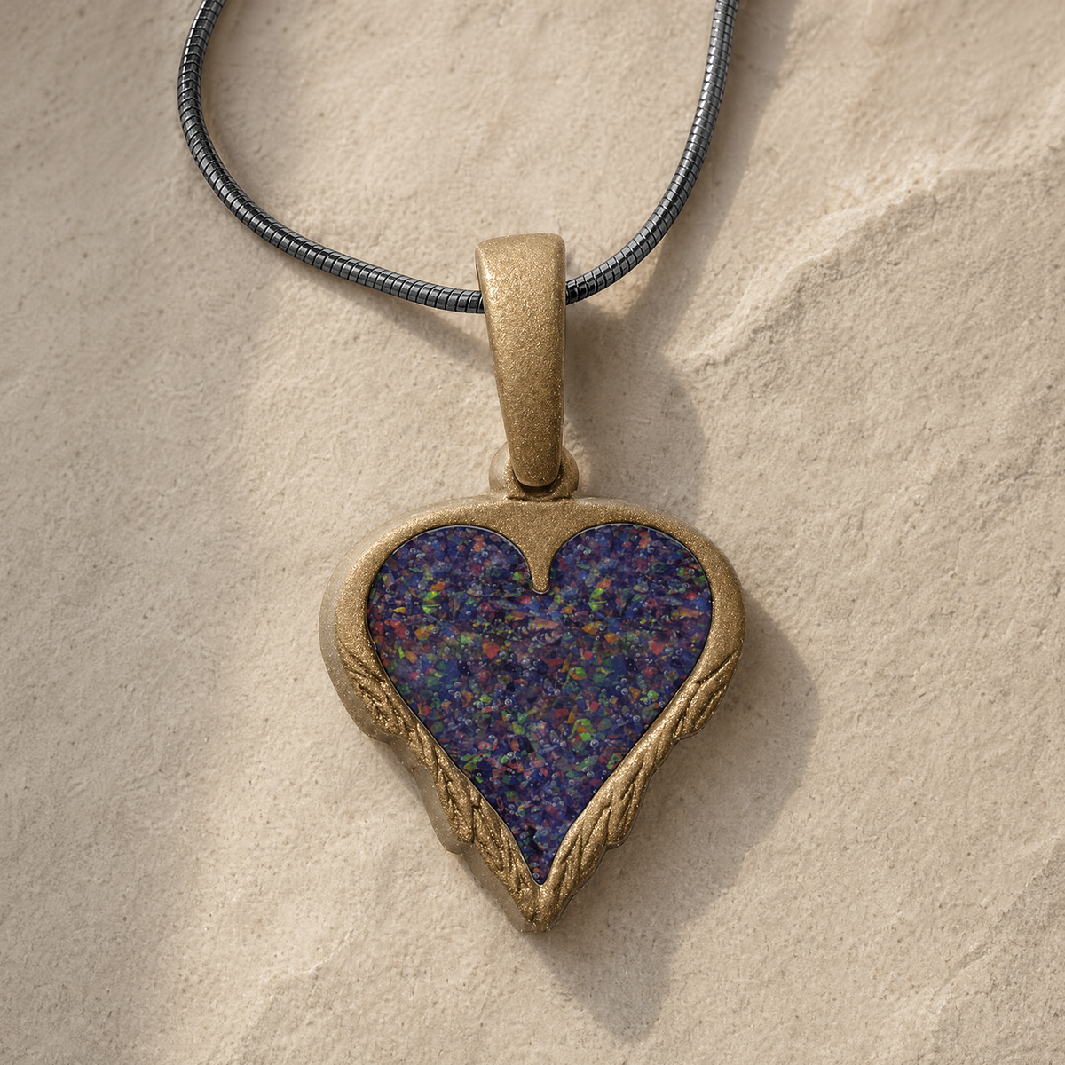 Feathered Heart Bronze Finish with Black Flame Opal Ash Resin Jewelry