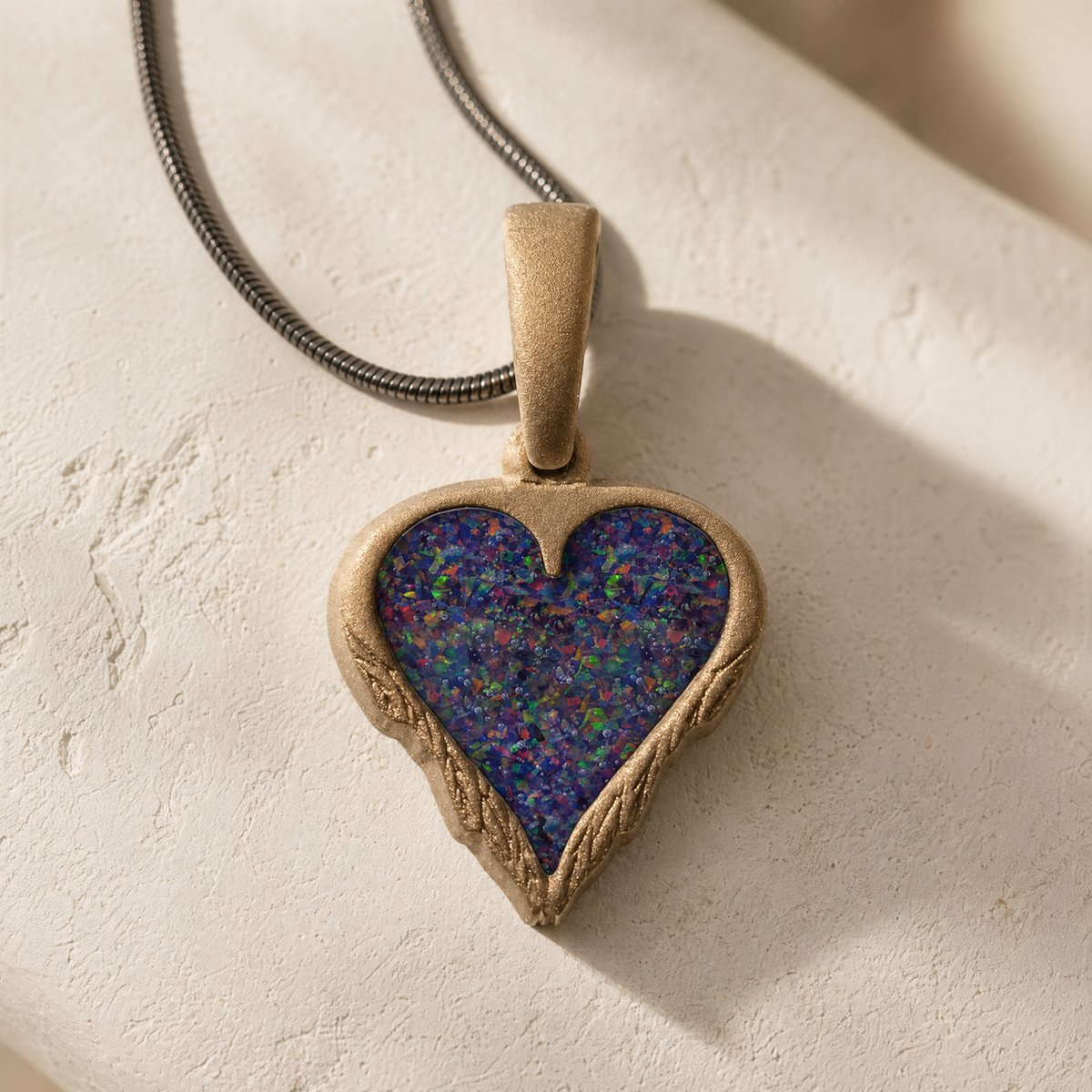 Feathered Heart Bronze Finish with Black Flame Opal Ash Resin Jewelry